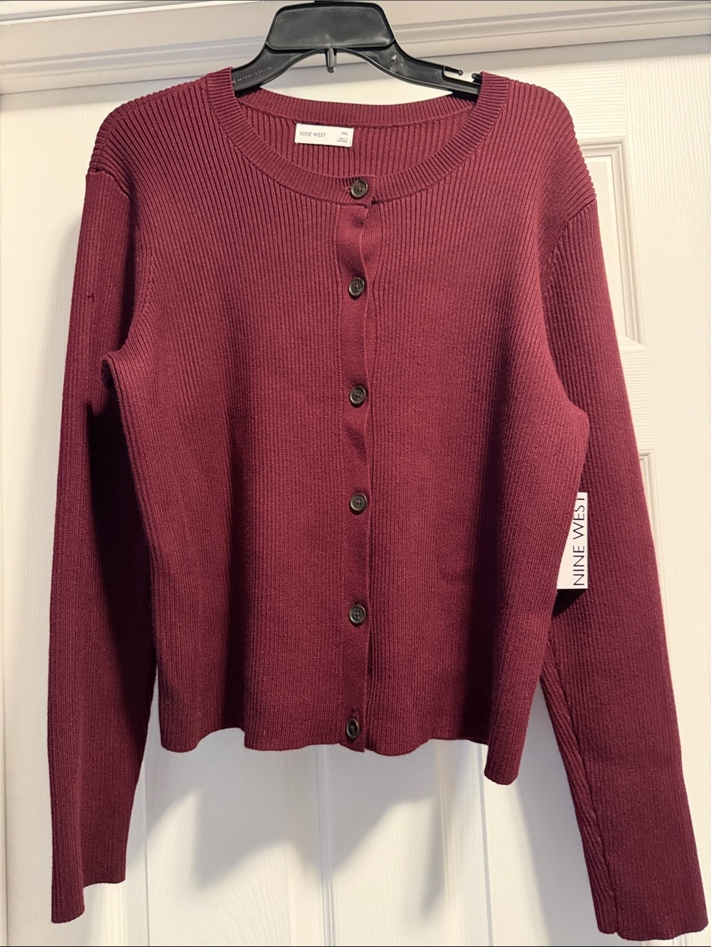 Nine West Burgundy Button-Front Ribbed Cardigan
